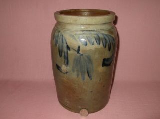 Antique 19th C Stoneware Salt Glazed Flower Decorated Pennsylvania Crock 10 5/8 "