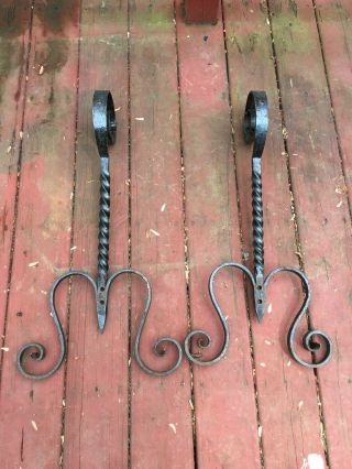 2 Antique Wrought Iron Ornate Andiron Front 27 
