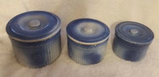 Antique ♡ Set Of 3 ♡ Blue On White Salt Glaze Crocks With Lids Stoneware Pottery