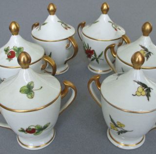 6 Vintage French Hp Porcelain Pot De Creme Strawberries,  Bonwit Teller Sevres