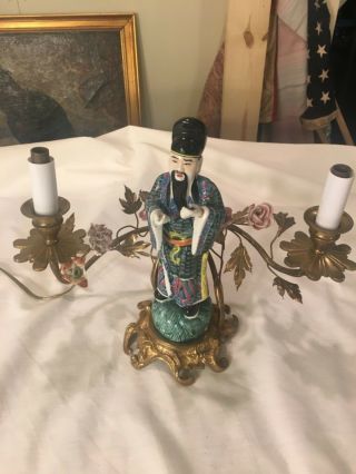 Antique French Chinoiserie Double Lamp With Porcelain Flowers