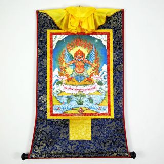 48 Inch Tibetan Buddhism Thangka Mythology - Garuda Bid Printed Brocade Scroll