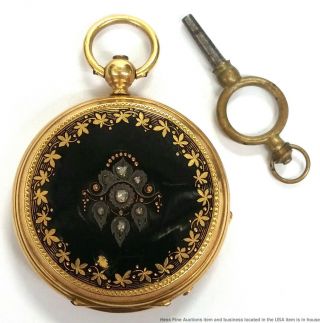 Civil War Era Albert 18k Gold Enamel Diamond Ladies Keywind Hunter Pocket Watch