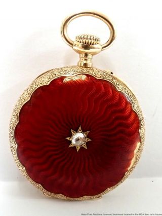 Antique Patek Philippe Red Enamel 18k Gold Diamond Case Pocket Watch w Papers 4