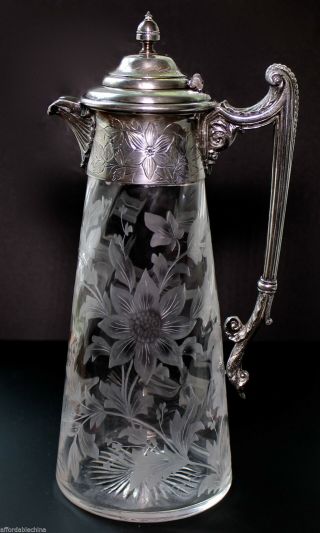 Antique Cut Engraved Floral Early Glass Pitcher Silver Plate - Gorgeous