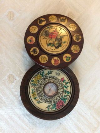 Antique Chinese Scimshaw Bone Compass.  Zodiac Fortune Telling.