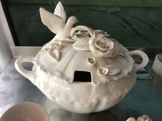 Vintage Soup Tureen,  all White,  APPLIED BIRD Finial,  ladle,  signed by the maker 2