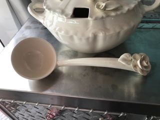 Vintage Soup Tureen,  all White,  APPLIED BIRD Finial,  ladle,  signed by the maker 3