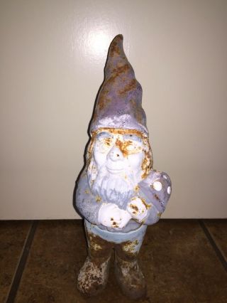 Vintage Cast Iron Garden Gnome Holding Mushroom 13.  5” Tall