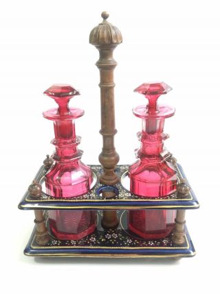 Antique Cranberry Glass • Oil/vinegar Set • Porcelain/wood Cruet Stand