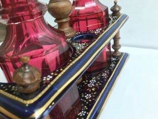Antique Cranberry Glass • Oil/Vinegar Set • Porcelain/Wood Cruet Stand 3