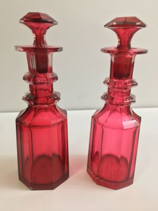 Antique Cranberry Glass • Oil/Vinegar Set • Porcelain/Wood Cruet Stand 4