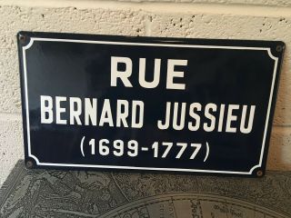 Vintage French Enamel Street Sign Rue Bernard Jussieu 1699 - 1777