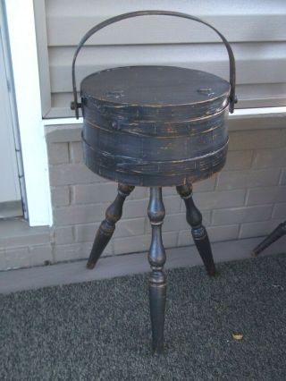 Old Primitive Shaker Firkin Wood Bucket Sewing Box Stand From Cape Cod