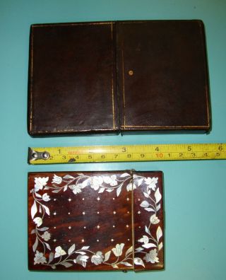 2 Vintage Antique Faux Tortoise Shell Mop Mother Pearl Inlay & Leather Card Case