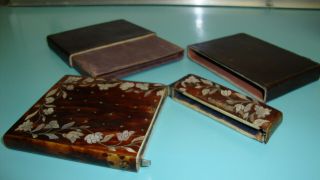 2 Vintage Antique Faux Tortoise shell MOP mother pearl inlay & Leather card case 2