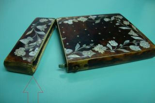 2 Vintage Antique Faux Tortoise shell MOP mother pearl inlay & Leather card case 8
