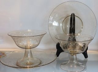 Pair Antique Venetian Glass Intermezzo Bowls & Underplates Etched Lady