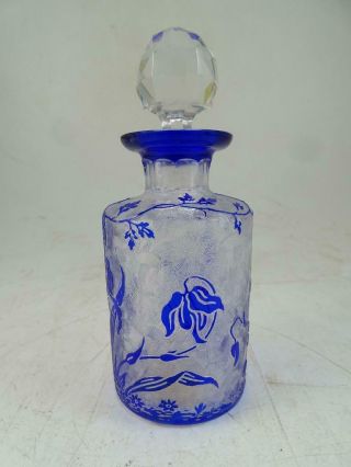 Antique Val St Lambert Blue Cut - To - Clear Flower Perfume Bottle Decanter Vintage