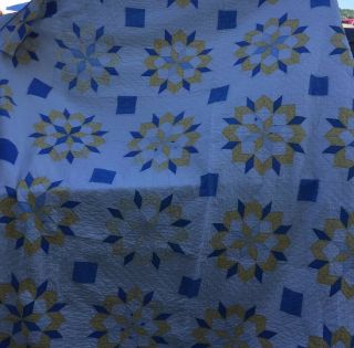Vtg Antique Hand Quilted & Stitched Star Quilt Queen Yellow Blue Feedsack Great