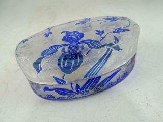 Antique Val St Lambert Blue Cut - To - Clear Flower Powder Trinket Jar Box Vintage