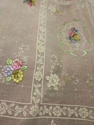 Gorgeous Antique Fine Embroidered Filet Lace Crinoline Lady Bedspread 91 