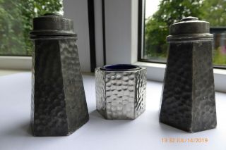 English Pewter Salt And Pepper Pots With Mustard Pot - Arts And Crafts Art Deco