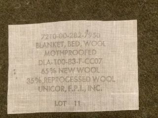 Vintage U.  S.  Army Military Wool Blend Green Bed Field Mothproof Blanket 3