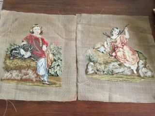Victorian Charming Pair Petit Point Tapestries - Girl With Fawn & Boy With Dog