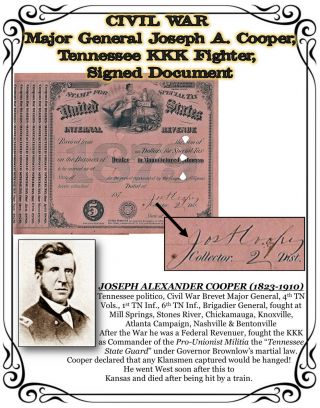 Civil War Major General J.  A.  Cooper,  Tennessee Kkk Fighter,  Signed Document