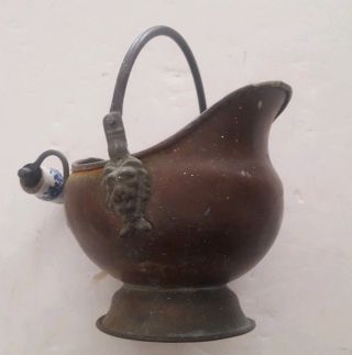 Small Vintage Copper Scuttle Ash Bucket Pail Brass Lion Head Porcelain Handle