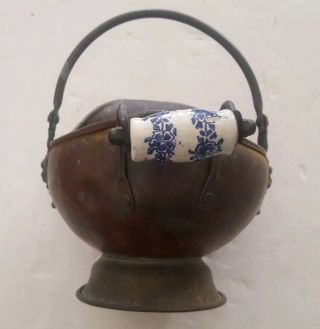 Small Vintage Copper Scuttle Ash Bucket Pail Brass Lion Head Porcelain Handle 2