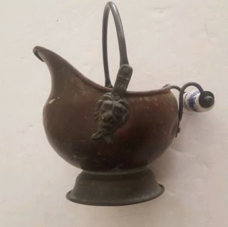 Small Vintage Copper Scuttle Ash Bucket Pail Brass Lion Head Porcelain Handle 3