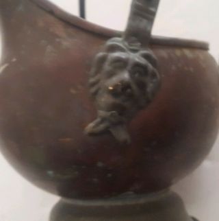 Small Vintage Copper Scuttle Ash Bucket Pail Brass Lion Head Porcelain Handle 4