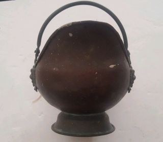 Small Vintage Copper Scuttle Ash Bucket Pail Brass Lion Head Porcelain Handle 5