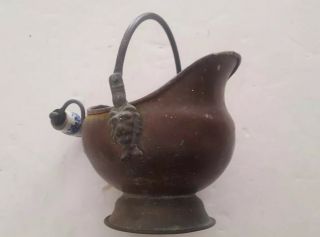 Small Vintage Copper Scuttle Ash Bucket Pail Brass Lion Head Porcelain Handle 7