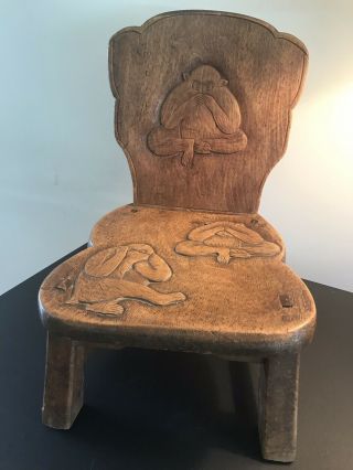 Antique Handcarved Wood Chair/stool | See Hear Speak No Evil 3 Wise Monkeys