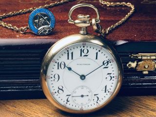 C.  1915 Waltham 21 Jewel Railroad Pocket Watch W/chain & Masonic Fob Keeping Time