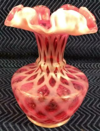 Pink & White Fenton Vase With Ruffled Top - 6” Tall - Sticker Affixed