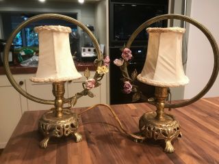 Vintage Pair 11 “ Gilt Brass Antique Porcelain Rose Flower Hoop Lamps - Boudoir