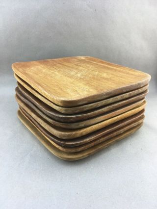 Set Of 8 Mid - Century Square Teak Wood Plates 10 "