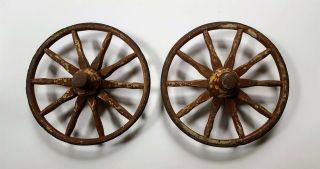 Set Of 2 Vintage 10 " Wooden Iron & Rubber Antique 10 Spoke Cart Carriage Wheels