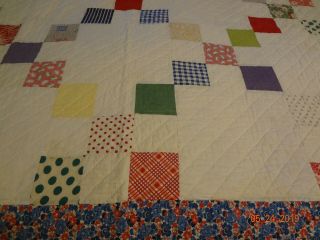 Antique Quilt/nine Patch/feedsack/hand Quilted/multicolor/70 " X61 " /solid And
