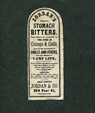 C1865 Antique Civil War Quack Medicine Label Jordan 