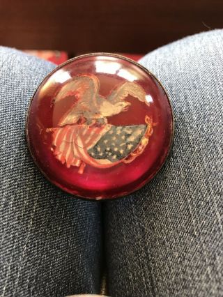 Vintage Old Glory Glass High Dome Eagle Flag Patriotic Bridle Rosette Pin 3