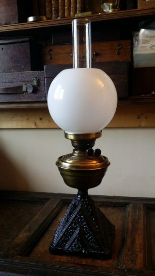 Lovely Antique Victorian Oil Lamp Brass Cast Iron Base - Converted Electric