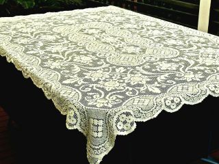 Fabulous Antique Ecru Cotton Hand Crafted Filet Lace Tablecloth Italy C 1920 