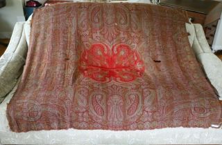 Small Antique C1870 Wool Kashmir Red Paisley Shawl Ethnic Design L - 51 " X W - 56 "