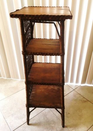 Wicker And Oak Four Shelf Bookcase / Plant Stand Circa Early 1900 