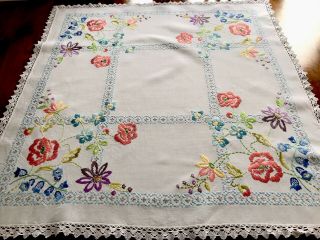 Vintage Hand Embroidered White Linen Table Cloth 34x35 Inches